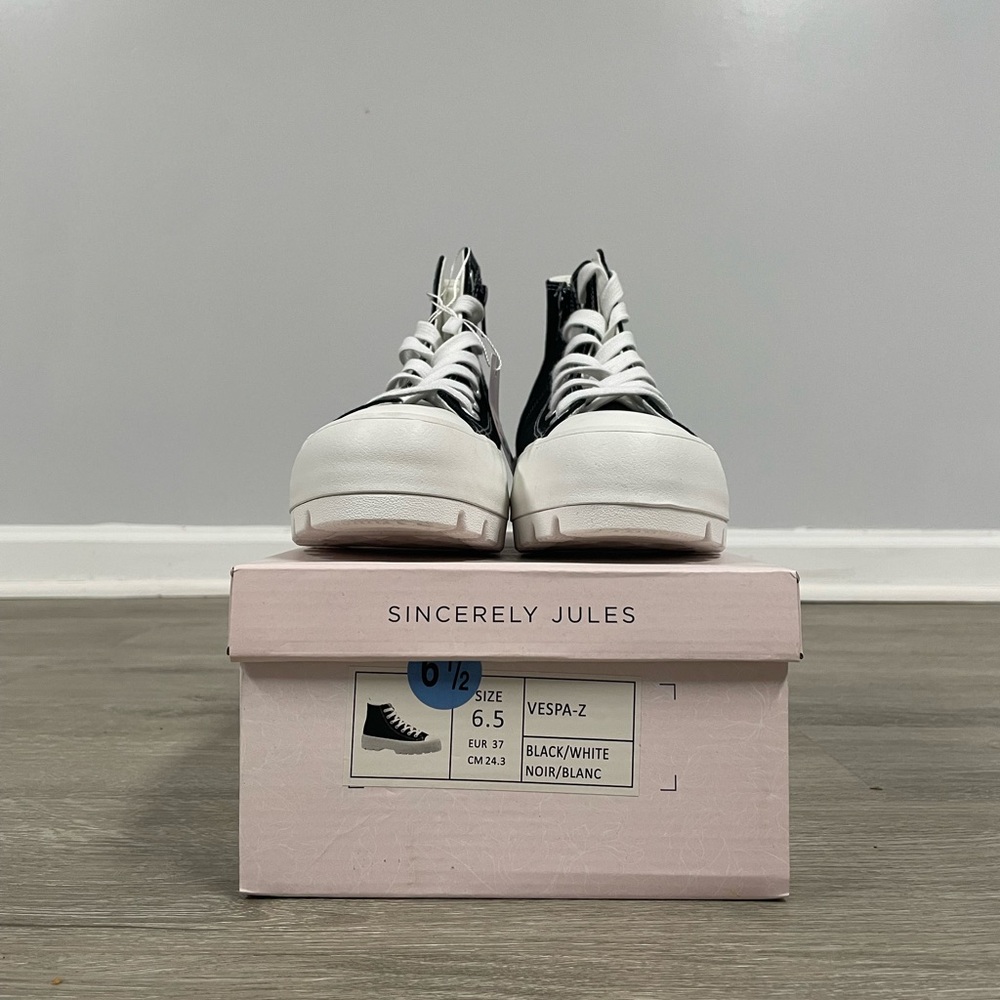 Sincerely Jules black and white Vespa Z high top trainers